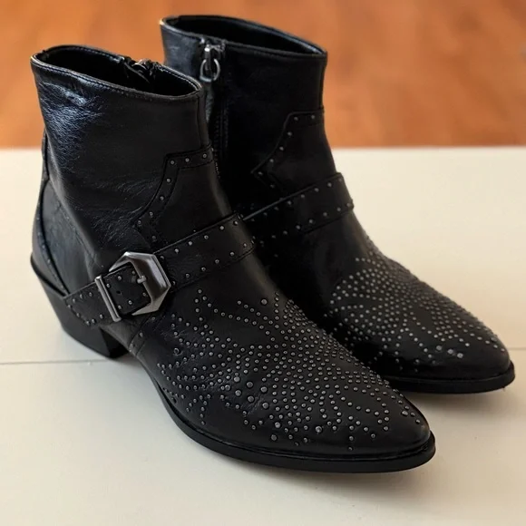 ZARA Black Leather Studded Western Ankle Boots Biker Rock Goth Grunge Booties - Picture 1 of 6